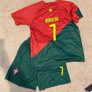 Ronaldo Red and Green Soccer Jersey and Shorts Set